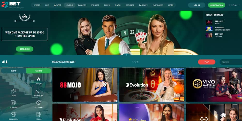 22Bet Casino homepage