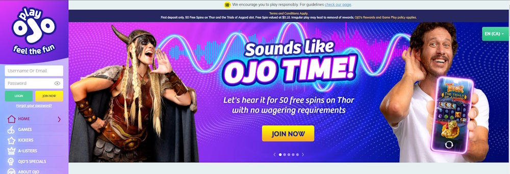 PlayOJO casino homepage
